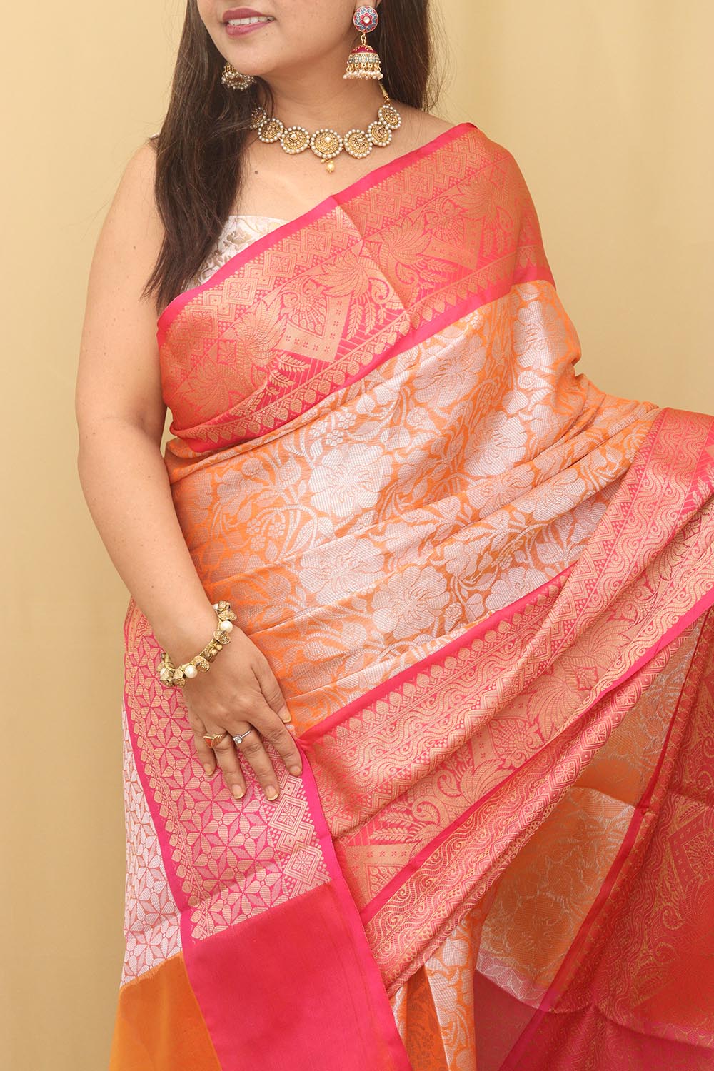 Stunning Kalamkari Grey and Orange Kanjivaram Silk Saree with Blouse - ViBha